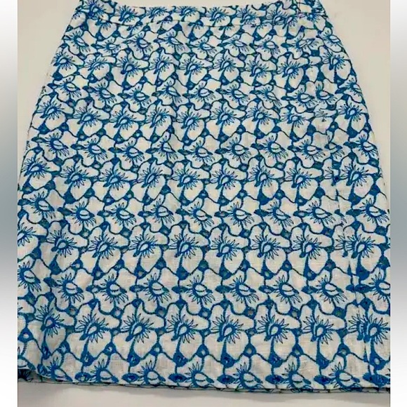 Talbots Turquoise & White, 8 Petite, Lace Embroidered 100% Linen Pencil Skirt - Picture 1 of 8